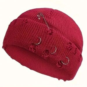 Unisex Red Knit Beanie with Metal Accents